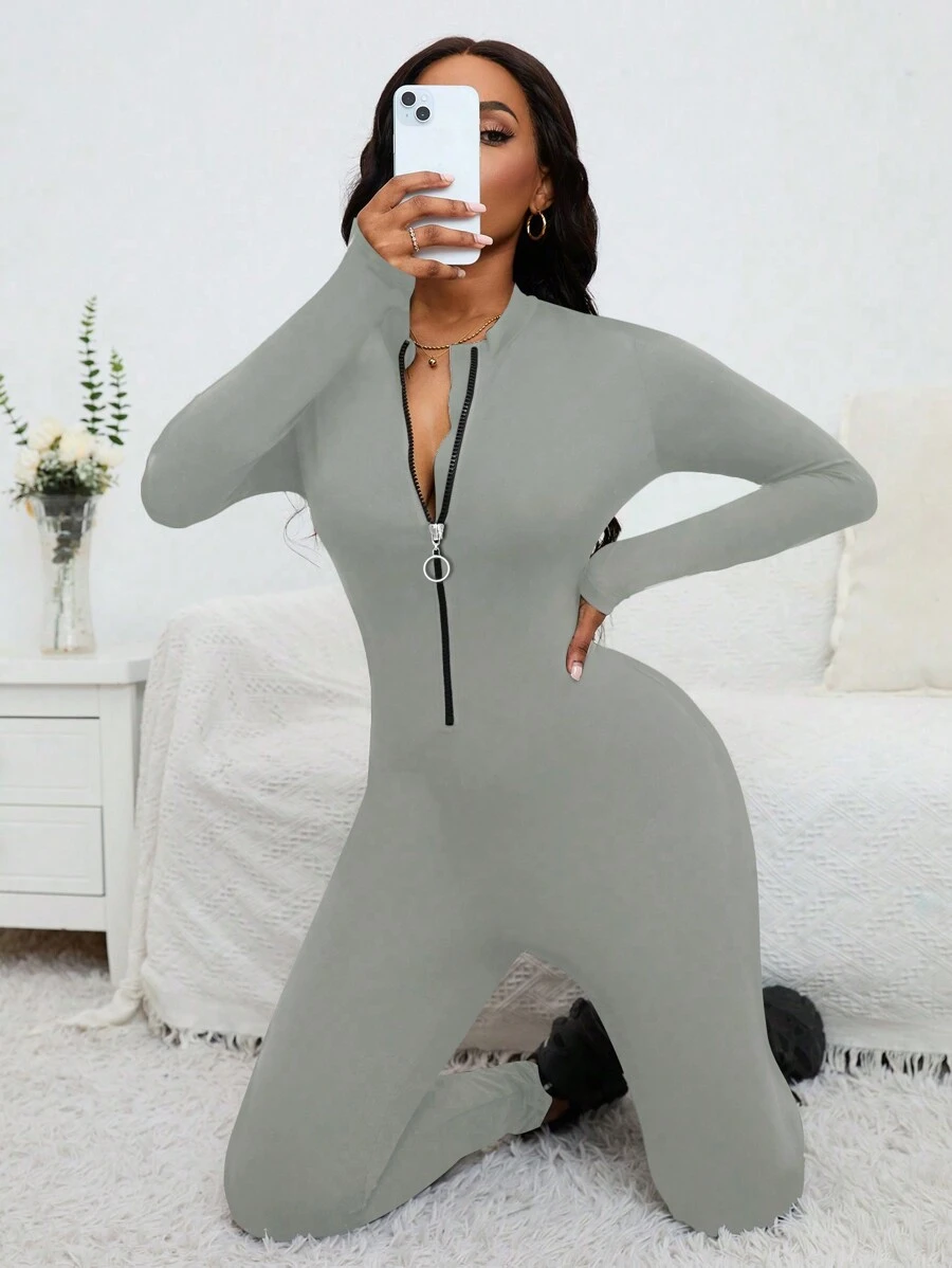 Zolique Solid Color Zip Front Long Sleeve Jumpsuit, Casual For Autumn/Winter - Grey - View 1
