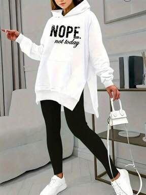 SHEIN 2 Stücke/Set Tween Mädchen Hoodie Lange Buchstabe Muster Sweatshirt Und Schwarze Leggings