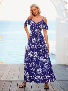 Vivid Eden Floral Print Cold Shoulder Split Thigh Dress,Vacation Style