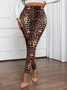 SHEIN Lady Leggings de Cuatro Estaciones, Bottom con Estampado de Guepardo, Leggings casuales con cintura alta y estampado de leopardo para mujer