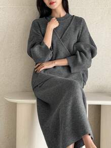 DAZY 2pcs Women's Asymmetrical Knitted Cardigan Set With Drawstring, Unique Design Gentle Style Sweater Outerwear, Autumn/Winter - Grey - View 9