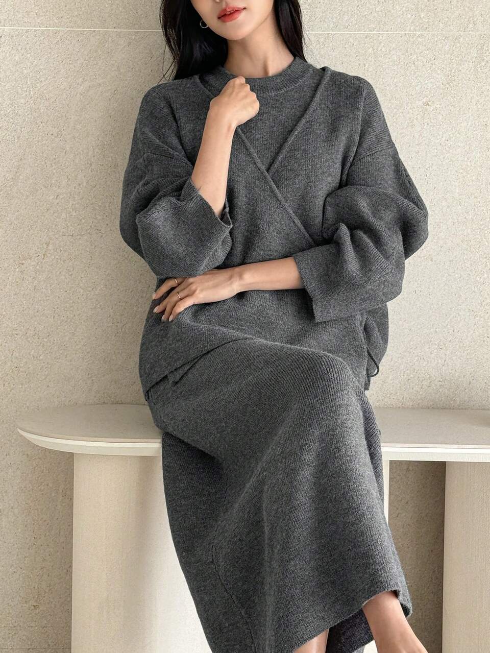 2pcs Women's Asymmetrical Knitted Cardigan Set With Drawstring, Unique Design Gentle Style Sweater Outerwear, Autumn/Winter
