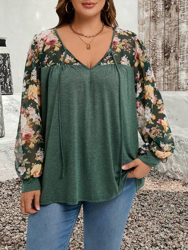 EMERY ROSE Plus Size V-Neck Knotted Floral Print Casual Versatile Long Sleeve T-Shirt
