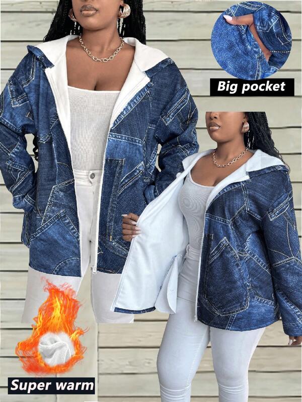 EMERY ROSE Plus Size Women Autumn/Winter Denim Effect Printed Fleece Hooded Casual Coat