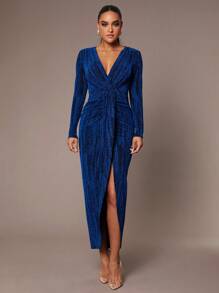 Silquee Robe élégante et magnifique pour femme à manches longues, convenant à l'automne et l'hiver. Coupe ajustée avec paillettes, encolure en V et épaulettes rembourrées. Design drapé, idéale pour Halloween, Thanksgiving, Noël et le Nouvel An