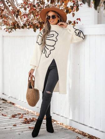 SHEIN VCAY Floral Print High Neck Drop Shoulder Slit Thigh Length Sweater