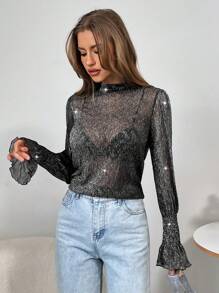 SHEIN Essnce Sexy Long Sleeve Tops Sexy Black Top Women's Autumn Fashionable Glittering See-Through Puff Sleeve T-Shirt