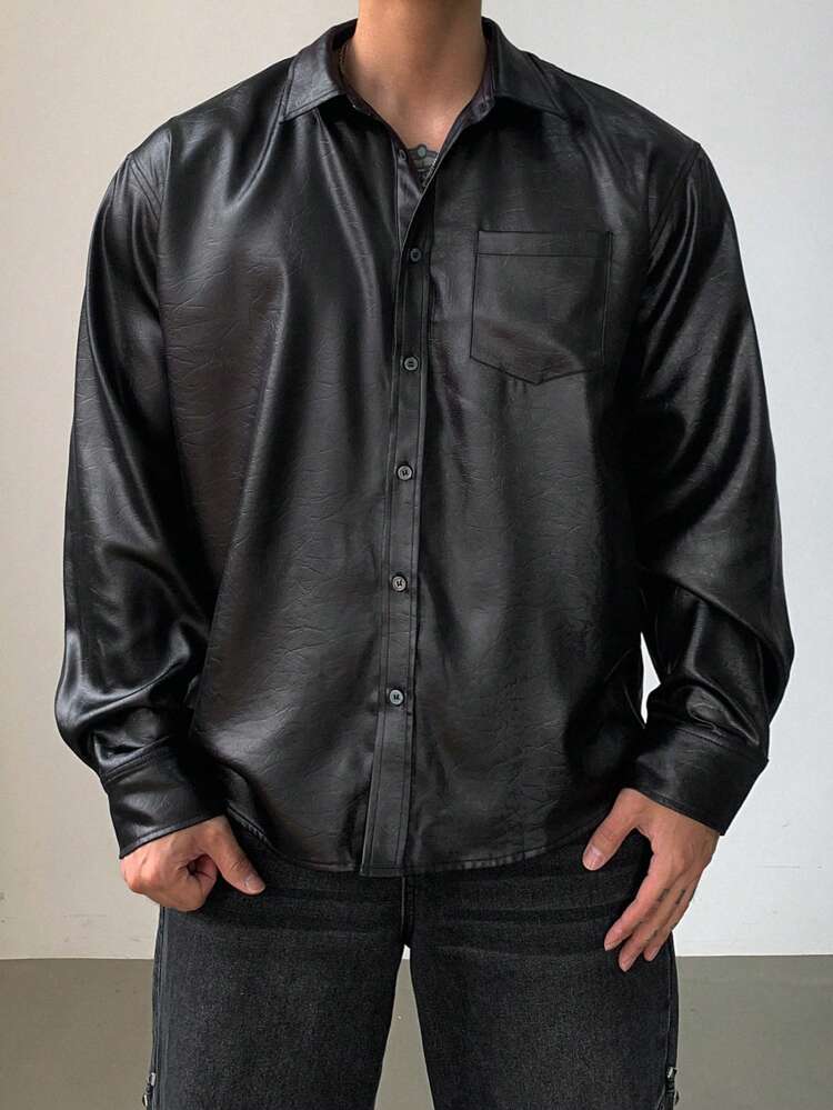 1pc Men Solid Color Long Sleeve Single Breasted Chest Pocket Shirt, Autumn