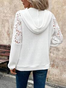 SHEIN LUNE Áo nỉ trùm đầu thêu ren trắng phong cách Pháp giản dị dành cho nữ, mùa thu - trắng - Xem 2