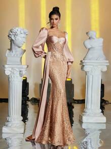 Glamrae Elegant & Luxurious Champagne Long Sleeve Satin Patchwork Embroidered Lace Sequin Mermaid Dress With Side Ruffles, Sexy Open Back With Tie, Suitable For Weddings, Parties, Galas, Formal Events (Heavily Embellished), Prom Evening Gown, For Wedding Guest, Graduation, Dinner, Party Dress - Champagne - View 2