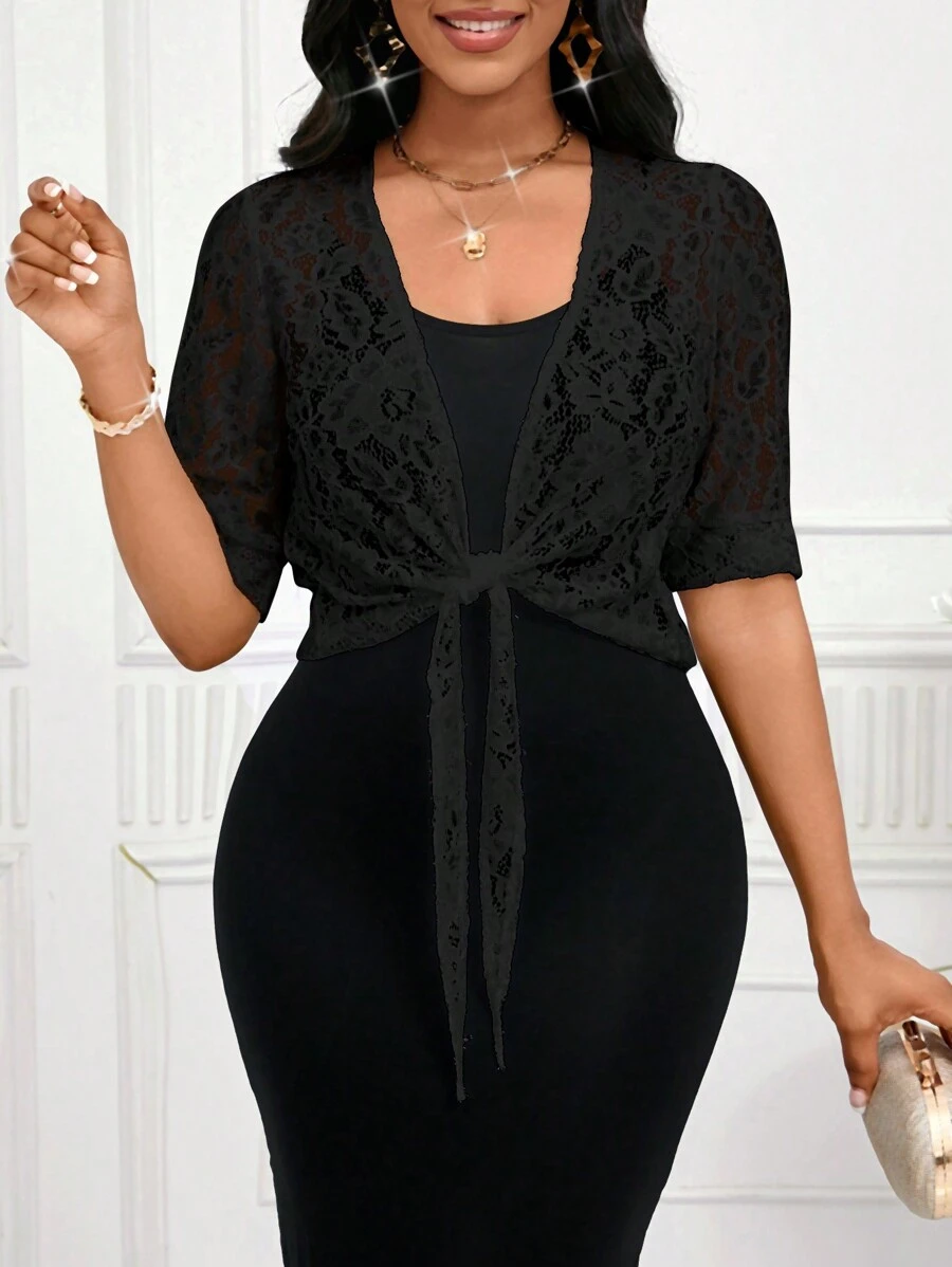 SHEIN Lady Women Autumn And Winter Casual Elegant Work Black Lace Jacket - Black - View 1