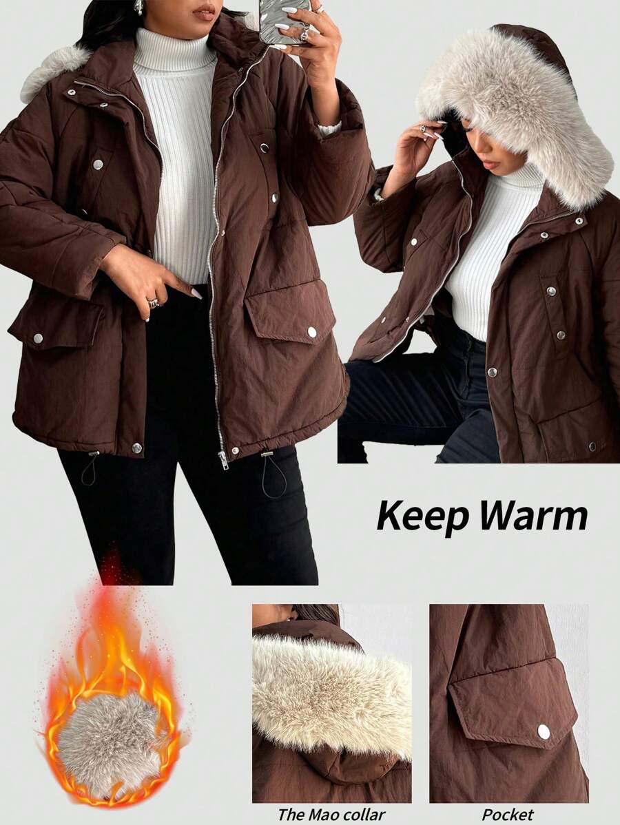 Flirla Solid Color Casual Short Plush Collar Comfortable Padded Padded Coat Clothes Winter Fall Cloth For Women - Apricot - View 1