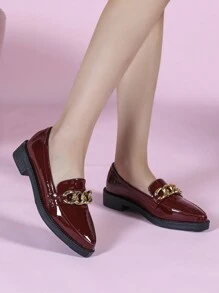 CUCCOO DOLLMOD 女士平底一脚蹬穆勒鞋，纯黑色链条装饰，休闲学生风格，适合所有季节新年假期 - 酒紅色 - 查看 2