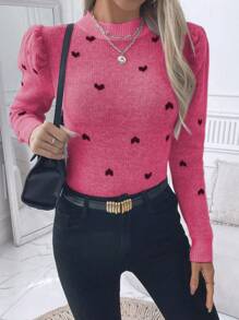 SHEIN Clasi Pull ajusté à manches bouffantes avec motif jacquard en forme de cœur, pour l'automne/hiver, style décontracté