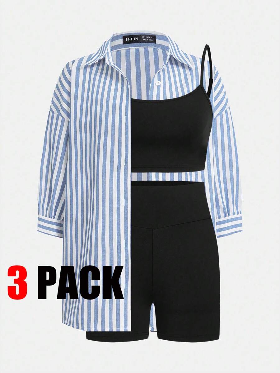 SHEIN Essnce 3pcs/Set Women Striped Drop Shoulder Long Sleeve Shirt, Solid Camisole Tank Top And Shorts Casual Outfit, Autumn