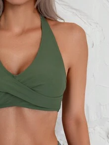 SHEIN Swim 1 套女士纯色交叉吊带比基尼上衣和花卉印花三角比基尼套装适合度假/海滩夏季 - 彩色 - 查看 4