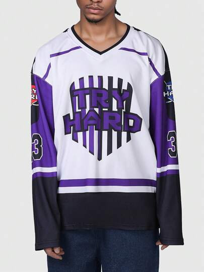 Prep Camiseta de jersey de manga larga con cuello en V informal con estampado de letras para hombres, primavera y verano