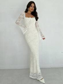 Firerie 女士心形领口喇叭袖紧身胸衣蕾丝美人鱼连衣裙，浪漫约会装，白色，秋冬 - 白色 - 查看 5