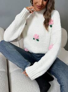 SHEIN LUNE 女士休闲浪漫 3D 花卉高领毛衣 - 米色 - 查看 1