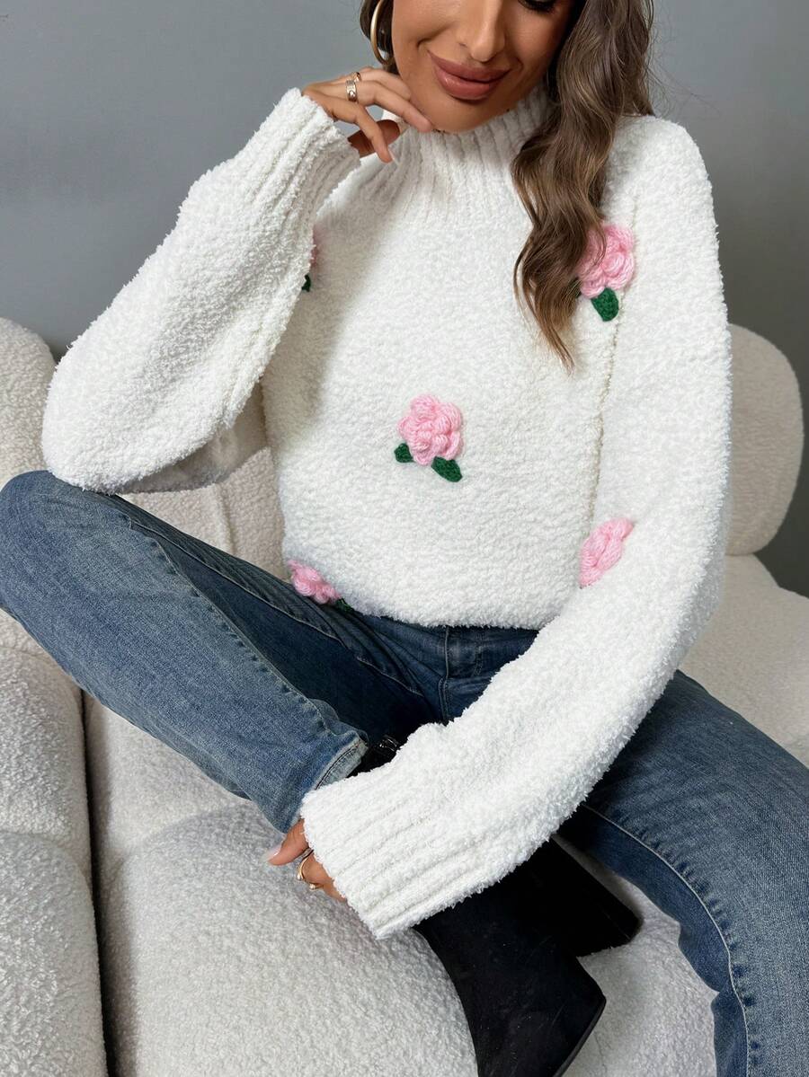 SHEIN LUNE 女士休闲浪漫 3D 花卉高领毛衣 - 米色 - 查看 1