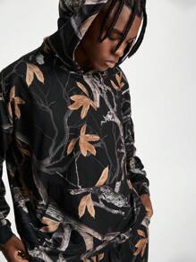 Manfinity VCAY 男士宽松数码印花长袖运动衫套装，适合秋冬 - 黑色 - 查看 4