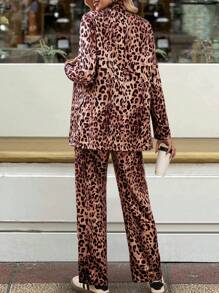 SHEIN Unity Women's Leopard Print Lapel Long Sleeve Blazer And Pants Fashion Suit Set - Khaki - View 2