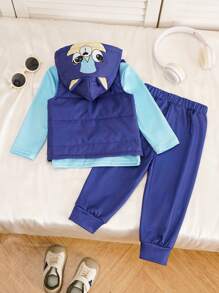 SHEIN This 3-Piece Baby Boys Cartoon Animal Pattern Vest Jacket Set With Long Sleeve T-Shirt And Pants Adds A Touch Of Cuteness And Warmth To Baby's Winter Outfit. Specially Designed For Cold Weather, It Provides All-Around Warmth And Comfort For The Baby.