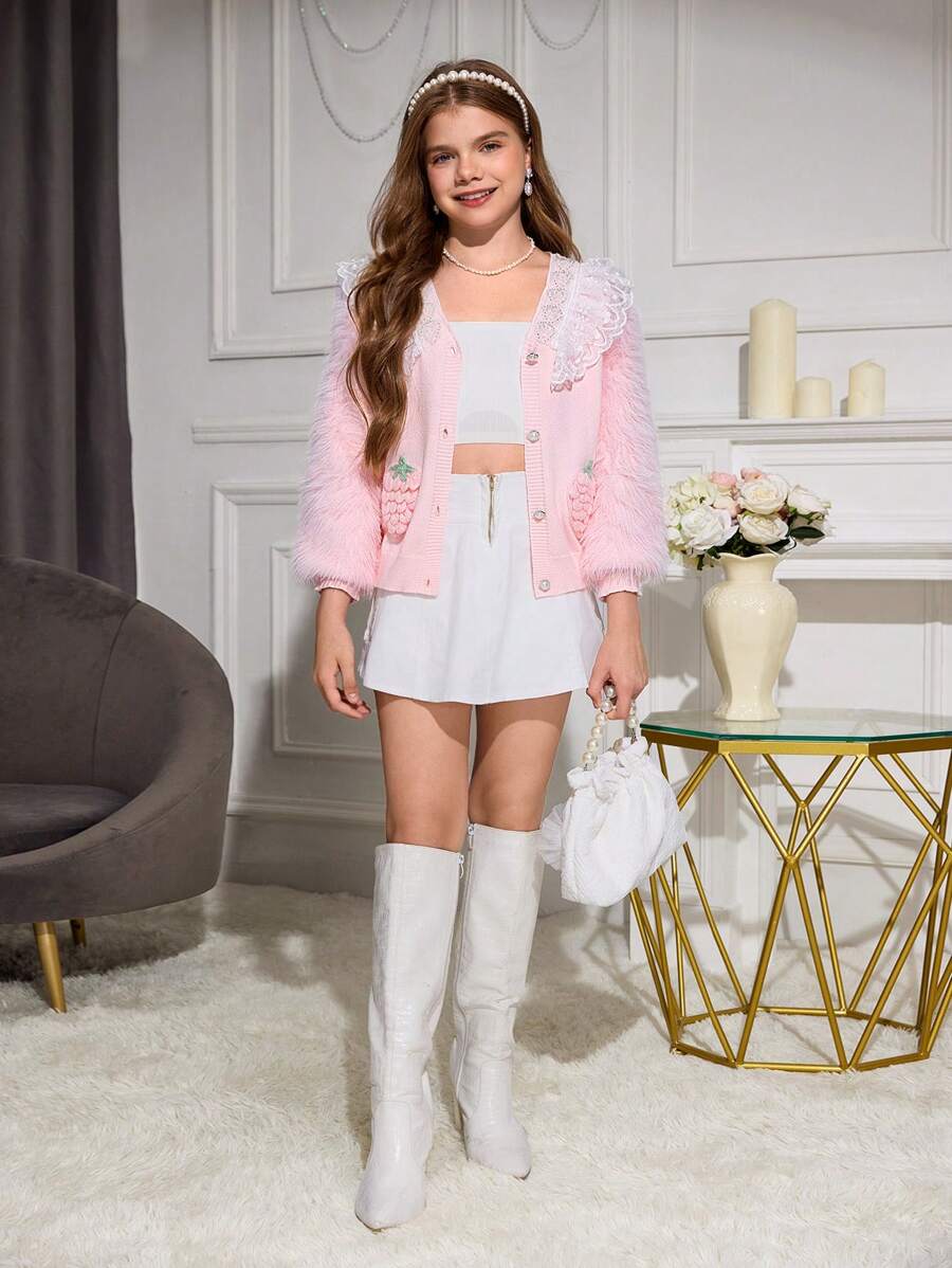 SHEIN Tween Girls 粉色蓬松拼接开衫，优雅且带有蕾丝边、亮片和 3D 水果装饰，时尚 - 粉色 - 查看 1
