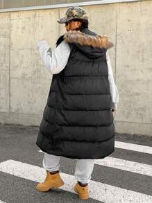 SHEIN EZwear Plus Size Hooded Contrast Fuzzy Trim Sleeveless Padded Vest, Winter Women Clothes