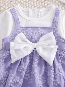 SHEIN 女婴优雅提花蝴蝶结连体衣，非常适合生日派对、秋冬季 - 紫色 - 查看 6