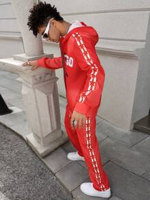 Manfinity EMRG 2pcs Men Casual Letter Print Zipper Hoodie And Sweatpants Set, Autumn - Red - View 5