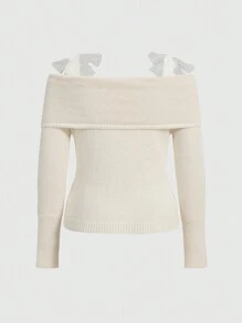 ROMWE Kawaii Plus Size Sweater For Teens, Off Shoulder Bowknot Lace Trim Design, Casual Pullover Top, Plus Size