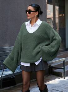 SHEIN Casual oversized trui met diepe V-hals en dubbele uitlopende mouwen