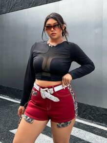 SHEIN ICON Red Plus Size Denim Shorts Leopard Print Shorts Y2K Outfit