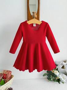 SHEIN Baby Girl Elegant Solid Color Ruffle Hem Long Sleeve Dress, Autumn, For Christmas - Red - View 3