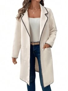 SHEIN LUNE Folding Collar Contrast Trim Ladies Casual & Work Elegant Long Coat, Warm Autumn Winter