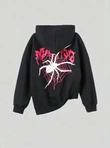 SHEIN Explorewe 2 件 Tween Girl 字母和蜘蛛印花长袖连帽衫和破洞裤，秋冬季休闲套装 - 黑色 - 查看 3