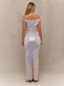 MISSGUIDED Vestido de noche largo y formal con hombros descubiertos, tirantes retorcidos, ajustado al Body, con brillo metálico y longitud hasta el piso, para ocasiones especiales, fiestas y eventos - Plateado - Ver 2