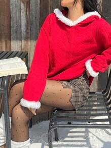 SHEIN EZwear Women's Christmas Red Fuzzy Trim Textured Sweatshirt