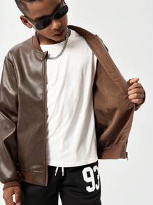 SHEIN Teenager Jungen Vintage Jacke im Used-Look aus Kunstleder, lässiger, cooler Stil