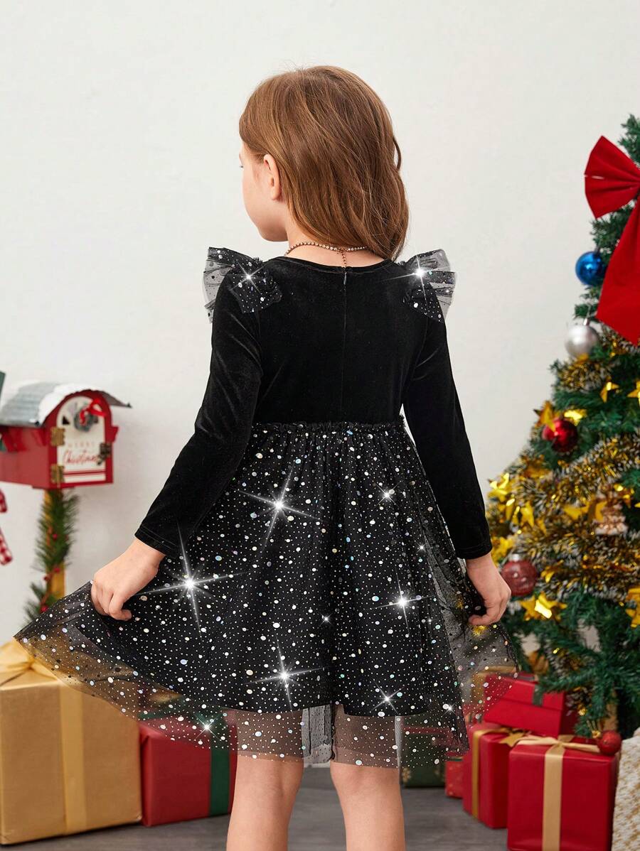 SHEIN Young Girl Black Knitted Round Neck Ruffled Patchwork Sparkly