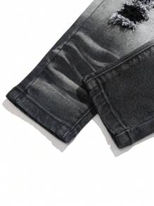 SHEIN Young Boy Distressed Black Denim Jeans With Ripped Design Details - Black - View 5