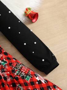 SHEIN 2pcs/Set Tween Girls Stand Collar Beaded Tight-Fitting T-Shirt And Plaid Bow-Tie Mini Skirt, Christmas - Red - View 9