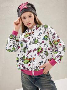 TEENAGE MUTANT NINJA TURTLES | SHEIN Tween Girl 1 件彩色卡通海龟和字母全身印花撞色罗纹拉链连帽运动衫，秋冬 - 白色 - 查看 7