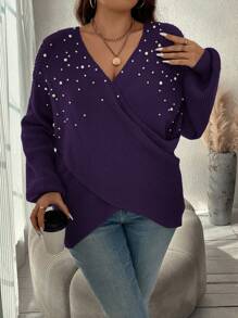 SHEIN Clasi Plus Size V-Neck Faux Pearl Decor Casual Pullover Sweater, Long Sleeve