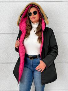 SHEIN LUNE Plus Size Fluffy Patchwork Hooded Long Sleeve Padded Padded Coat, Winter Clothes Fall Cloth For Women - Black - View 5