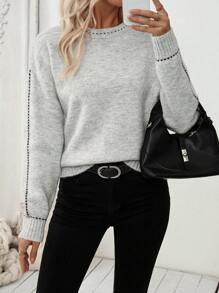 SHEIN LUNE 休闲宽松针织毛衣，撞色饰边，休闲落肩，秋冬 - 灰色 - 查看 1