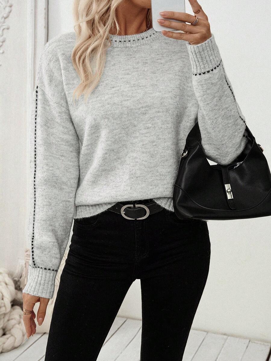 SHEIN LUNE 休闲宽松针织毛衣，撞色饰边，休闲落肩，秋冬 - 灰色 - 查看 1