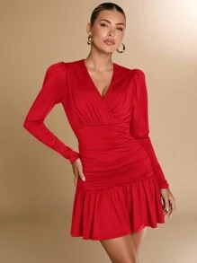 SHEIN BAE 1 chiếc váy ngắn bó sát màu cà phê trơn cổ chữ V sâu tay dài viền bèo nhún cho nữ, thích hợp làm trang phục nhiều lớp, hẹn hò lãng mạn, tiệc tùng, hộp đêm, khách dự tiệc cưới, phù dâu, váy cocktail đơn giản - Đỏ - Xem 7