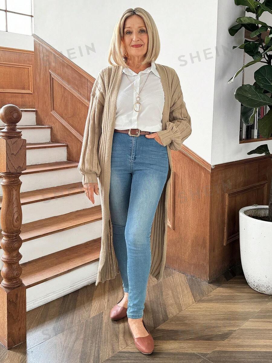 SHEIN LUNE Cárdigan largo de color liso con mangas farol, adecuado para otoño/invierno